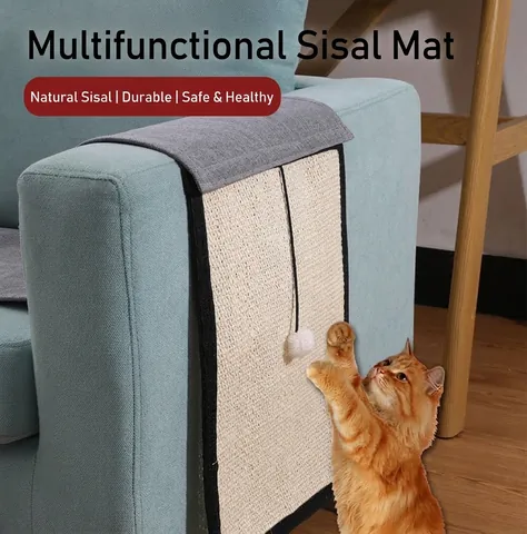 Durable Natural Sisal Cat Scratcher Mat Sofa Protector Furniture Guard Scratching Pad with Interactive Plush Toy Ball for Cats