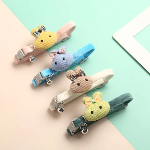 Adjustable Cute Cartoon Rabbit Flower Pet Collar With Bell Soft Velvet Knitting Kitten Puppy Neck Strap For Cats Small Dogs Birthday Holiday Accessory