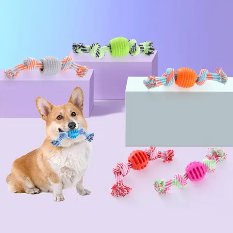 Durable Pet Dog Cotton Rope TPR Double Knot Ball Toy Molar Teeth Cleaning Interactive Braided Chew Toy For Indoor Outdoor Play