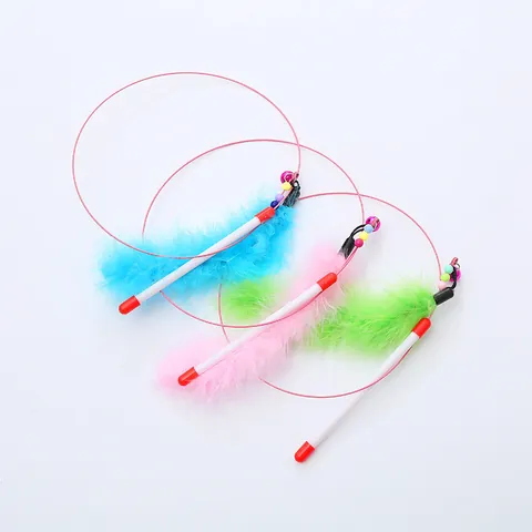 Cat Teaser Wand Interactive Pet Toy With Bell Natural Feather Stainless Steel Wire Long Elastic Rod For Kittens Handmade Fun