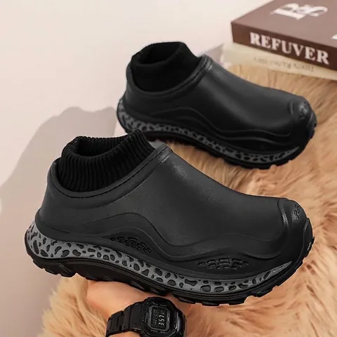 Winter Warm Fleece Lined Cotton Slippers For Women Men EVA Waterproof Thick Sole Closed Toe House Shoes Knitted Cuff Anti-Slip Indoor Outdoor Home Slippers