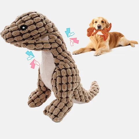 Plush Dinosaur Dog Toy Bite Resistant Squeaky Interactive Pet Chew Toy Teeth Cleaning Corduroy Texture Toy for Small Medium Dogs