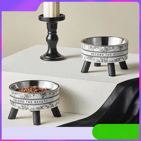 Elevated Pet Bowl Stainless Steel High Foot Cat Dog Feeding Bowl Neck Protection Anti-Slip Detachable Food Water Pet Bowl