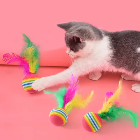 Interactive Rainbow EVA Foam Cat Ball Toy With Colorful Feathers Lightweight Bite Resistant Indoor Kitten Play Chase Toy