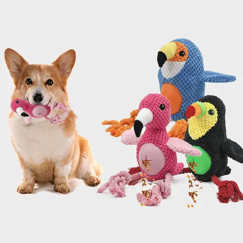 Squeaky Plush Pet Bird Toy Durable Chew Resistant Rope Knot Toy For Dogs Parrot Flamingo Shape Teeth Cleaning Interactive Molar Toy