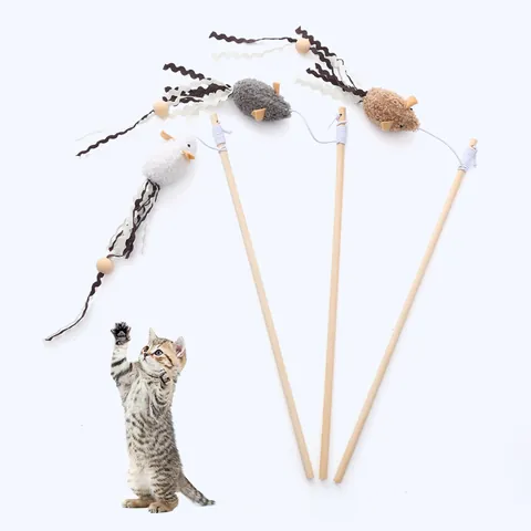 Interactive Wooden Rod Cat Teaser Wand with Plush Mouse Pendant and Elastic String Fun Indoor Play Toy for Cats and Kittens