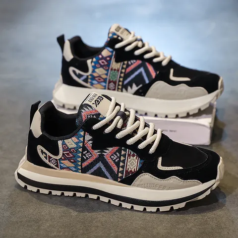 Retro Men Casual Sneakers Ethnic Geometric Pattern Splicing Running Shoes Lightweight Breathable Thick Sole Fashion Sports Footwear