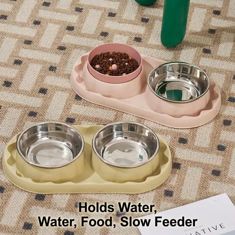 Stainless Steel Pet Double Bowl Slow Feeder For Cats Dogs Non Slip Leak Proof Food Water Bowls Station Easy To Clean