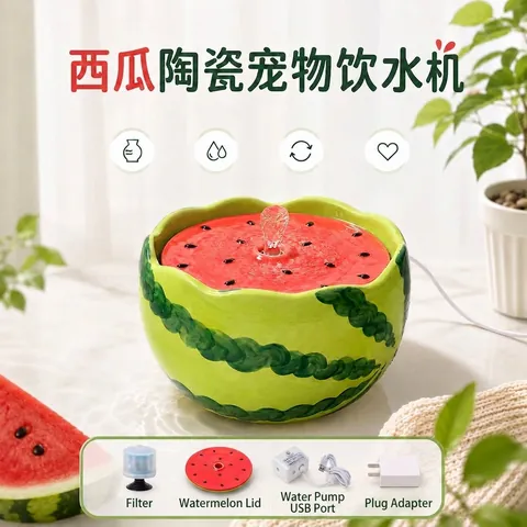 Ceramic Pet Water Fountain Watermelon Shape Automatic Circulation Silent USB Powered Cat Dog Drinking Dispenser with Filter
