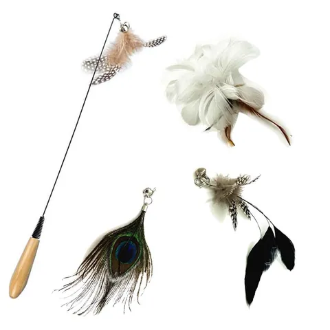 Interactive Cat Wand Feather Toy With Wooden Handle Steel Wire Durable Cat Teaser For Indoor Cats Exercise