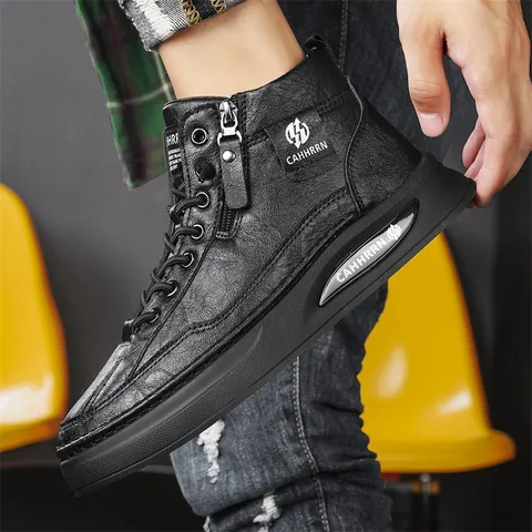 Scarpe da Skate Casual da Uomo Mid Top Sneakers in Pelle Microfibra Moda Coreana Outdoor Utility Workwear
