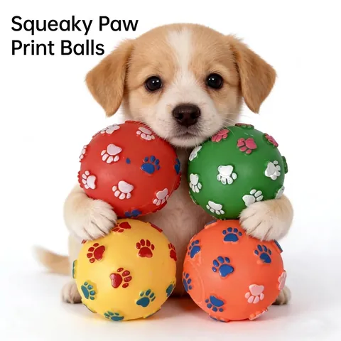 Squeaky Dog Toy Ball With Paw Print Pattern Vinyl Material For Teething And Teeth Cleaning Training Interactive Pet Play Accessories