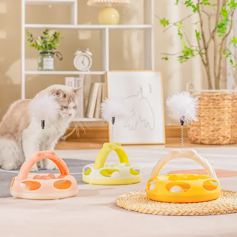 Interactive Cat Toy Turntable With Spring Feather Teaser Wand Plastic Intelligence Training Roller Balls Cat Supplies