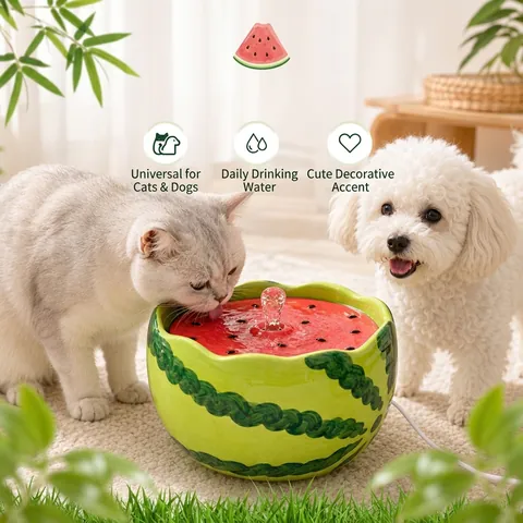 Ceramic Pet Water Fountain Watermelon Shape Automatic Circulation Silent USB Powered Cat Dog Drinking Dispenser with Filter