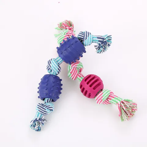 Durable Braided Cotton Rope Pet Dog Chew Toy With TPR Dental Cleaning Balls Double Knot Design For Daily Interactive Play