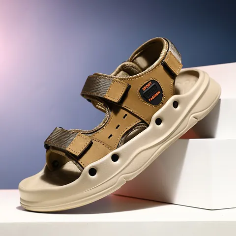 Heren Echt Leren Outdoor Sandalen Zomer Ademend Klittenbandsluiting Strandschoenen Casual Dikke Zool Sport Sandalen Grote Maat