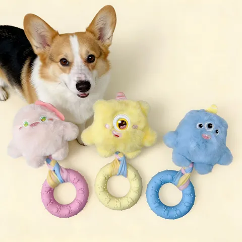 Squeaky Dog Toy Monster Plush Doll With TPR Chew Ring Teeth Cleaning Interactive Braided Rope Toy For Puppy Small Medium Dogs