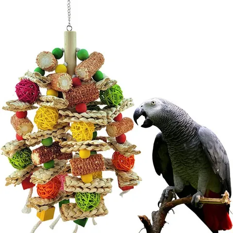 Large Parrot Chew Toy Natural Wood Corn Cob Hanging Bird Cage Foraging Toy Colorful Rattan Ball Wood Block Bird Toy For Macaws Cockatoos