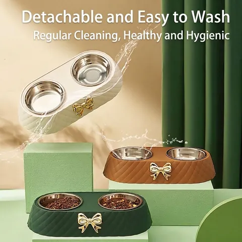 Light Luxury Bowknot Pet Double Bowl Stainless Steel Detachable Feeding Watering Bowl For Dogs Cats Diamond Pattern Anti-Slip Base