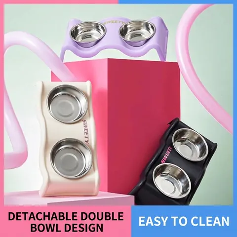 Anti-Slip Stainless Steel Double Pet Bowl Wave Shaped Neck Protection Large Capacity Dog Cat Feeder Food Water Bowl