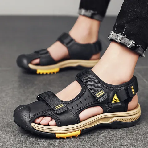 Sandalias de Exterior de Punta Cerrada para Hombre Zapatos de Senderismo de Cuero Dividido Transpirables Informales