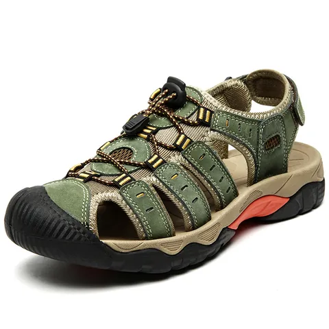 Heren Outdoor Lederen Sandalen Gesloten Teen Atletische Wandelen Strand Schoenen Ademend Casual Wandelen Sandalen Met Snel-Vetersysteem