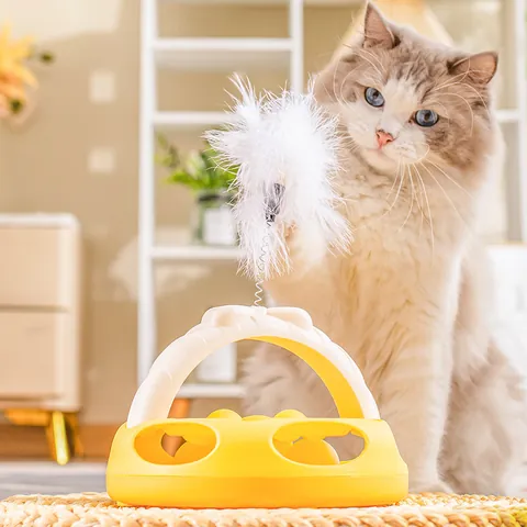 Interactive Cat Toy Turntable With Spring Feather Teaser Wand Plastic Intelligence Training Roller Balls Cat Supplies