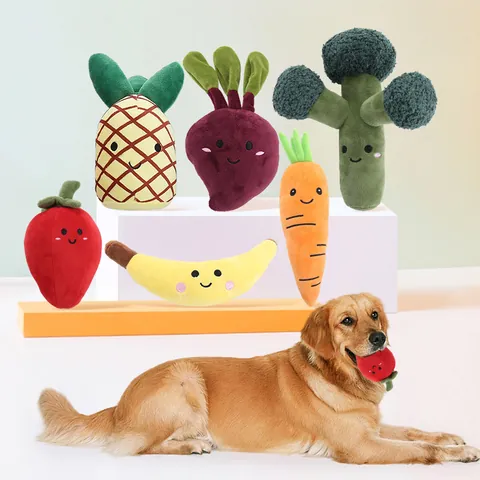 Plush Squeaky Dog Toy Fruit Vegetable Series Teeth Cleaning Interactive Soft Stuffed Puppy Chew Toy Pineapple Carrot Broccoli