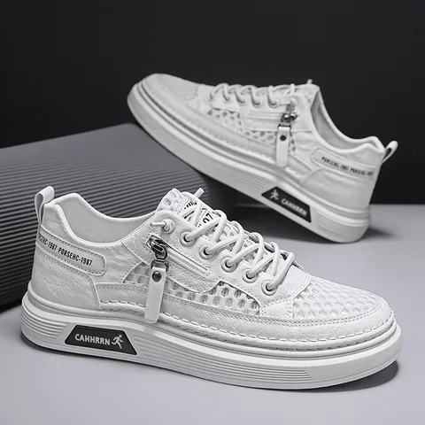 Men's Casual Skate Shoes 2024 Summer Autumn Mesh Hollow Out Breathable Work Sport Sneakers For Men Streetwear White Green Beige