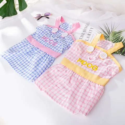 Cute Plaid Pet Dog Dress With D-Ring Attachment Polyester Embroidery Gingham Puppy Strap Skirt For Teddy Bichon Small Dogs