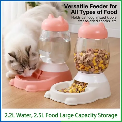 Ensemble Distributeur Automatique Nourriture Eau Animaux Grande Capacité Plastique PP Non Électrique Design Oreilles Chat Chiens Chats