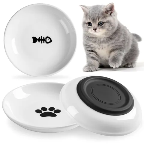 Non-Slip Ceramic Cat Bowl Shallow Whisker Friendly Cat Plate For Food Water 10oz Ceramic Pet Dish With Silicone Base