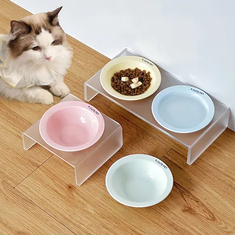 Elevated Acrylic Pet Bowl Stand With Ceramic Feeder Dishes For Cats Small Dogs Neck Protection Water Food Bowls Set