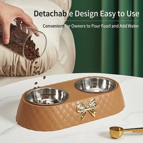 Light Luxury Bowknot Pet Double Bowl Stainless Steel Detachable Feeding Watering Bowl For Dogs Cats Diamond Pattern Anti-Slip Base