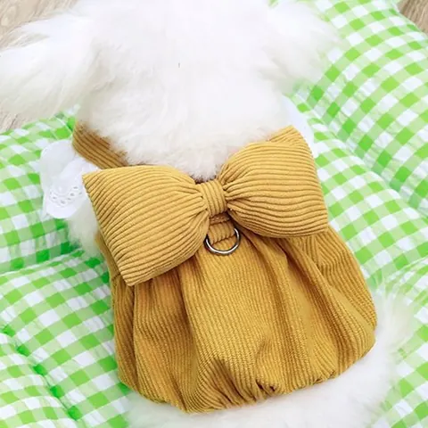 Corduroy Pet Dog Dress Pumpkin Style Warm Autumn Winter Clothes With Bowknot And D-Ring For Small Dogs Cats Bichon Teddy Lace Flying Sleeve Puppy Apparel