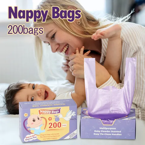 Αρωματικές Σακούλες Απόρριψης Πανών Μίας Χρήσης Άρωμα Πούδρας HDPE Σακούλες Απορριμμάτων Με Λαβές για Πάνες Μωρού Απορρίμματα Κατοικιδίων Φορητές Μωβ