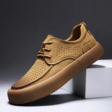 Zapatos de Skateboard Casuales de Cuero Genuino para Hombre Transpirables Calados Caña Baja Sneakers Planos Punta Redonda Cordones