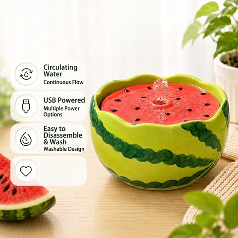 Ceramic Pet Water Fountain Watermelon Shape Automatic Circulation Silent USB Powered Cat Dog Drinking Dispenser with Filter