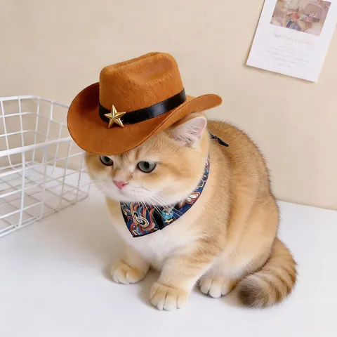 Cute Pet Cowboy Hat and Bandana Set Western Style Cat Dog Costume Accessories For Small Dogs Cats Birthday Halloween Party Photo Props
