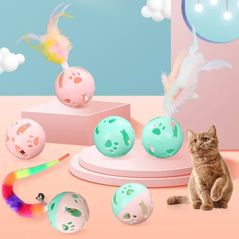 Macaron Color Detachable Feather Bell Ball Cat Toy ABS Plastic Hollow Interactive Cat Ball Toy Replacement Head For Indoor Pet
