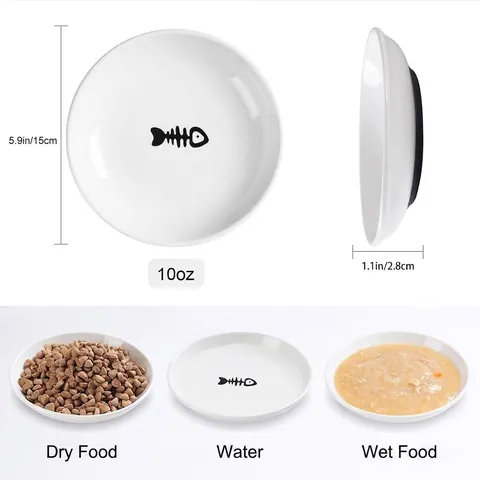 Non-Slip Ceramic Cat Bowl Shallow Whisker Friendly Cat Plate For Food Water 10oz Ceramic Pet Dish With Silicone Base