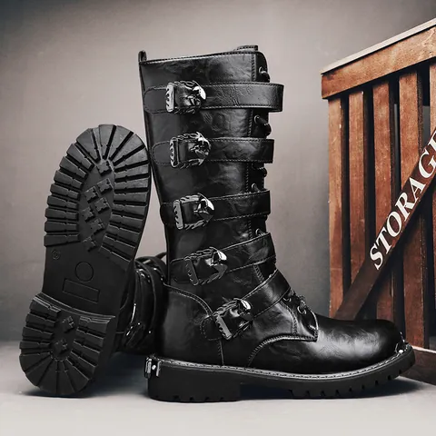 Men Retro Western Cowboy Boots High Top PU Leather Punk Knight Boots With Skull Buckle Straps Waterproof Work Combat Boots