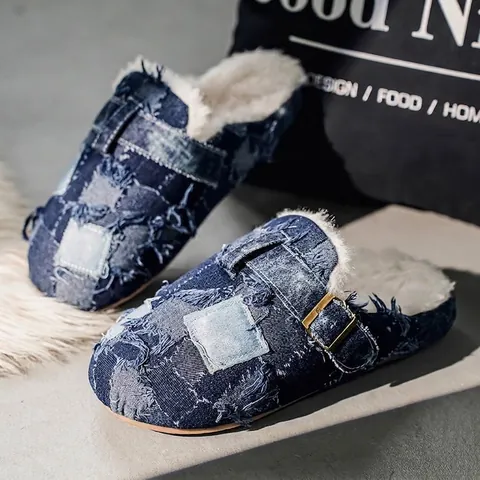 Uomo Designer Denim Patchwork Boston Muli Foderati in Pile Invernali Caldi Zoccoli Denim Sfilacciato Moccasini Slip-on Vintage Fibbia Scarpe Casual