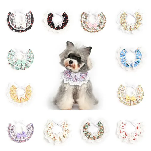 Pet Lace Bow Saliva Bib Printed Floral Scarf Collar Accessory For Cats Small Dogs Adjustable Cotton Polyester Neck Scarf