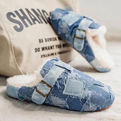 Uomo Designer Denim Patchwork Boston Muli Foderati in Pile Invernali Caldi Zoccoli Denim Sfilacciato Moccasini Slip-on Vintage Fibbia Scarpe Casual
