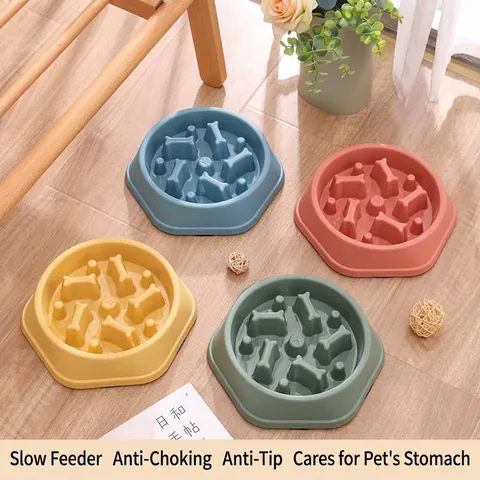 Pet Slow Feeder Bowl Anti-Choking Dog Cat Feeding Dish with Bone Shape Pillars Non-Slip Plastic Healthy Eating Pet Bowl