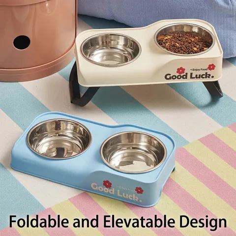 Foldable Elevated Stainless Steel Pet Double Bowl Adjustable Height Cat Dog Feeding Station Non-Slip Pet Food Water Bowl Set