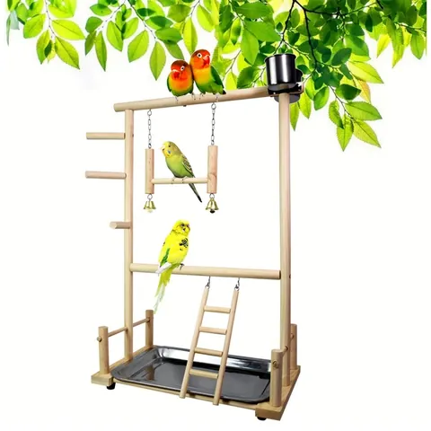 Wooden Parrot Playground Stand Bird Perch Gym Training Center With Stainless Steel Trays Cups Ladders Swings For Parrots