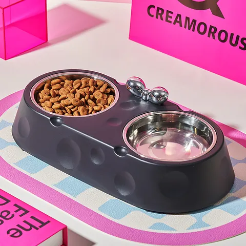 Pet Double Bowl Stainless Steel Cat Dog Feeding Dish With PP Cheese Design Base Anti-Slip Pet Water Food Bowl For Cats Small Dogs