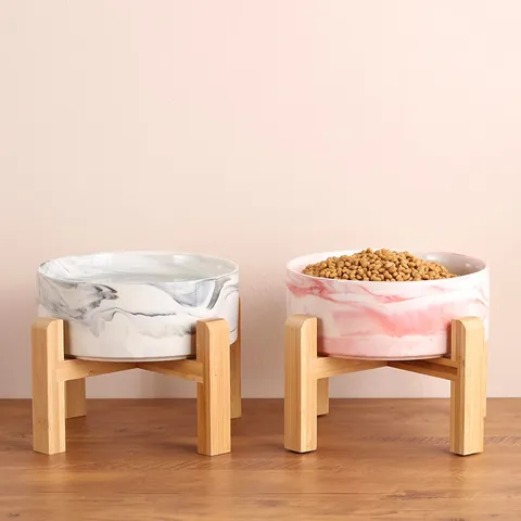 Marble Pattern Ceramic Cat Bowl Elevated Bamboo Wood Stand Dog Food Water Feeder Dish For Cats Small Dogs Modern Pet Tableware